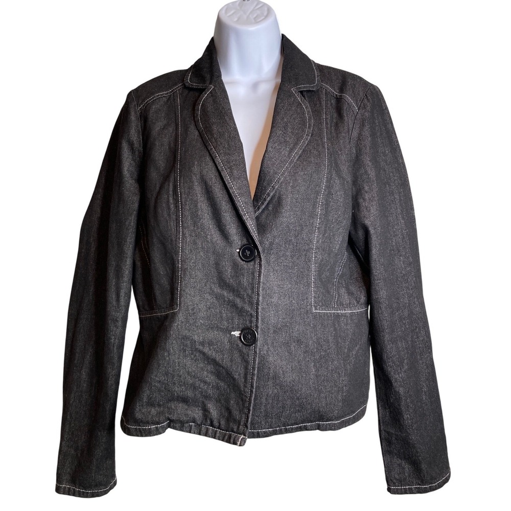 Tristan & Iseut Womens‎ Dark-Wash Fitted Denim Jacket White Stitching Y2K Fitted